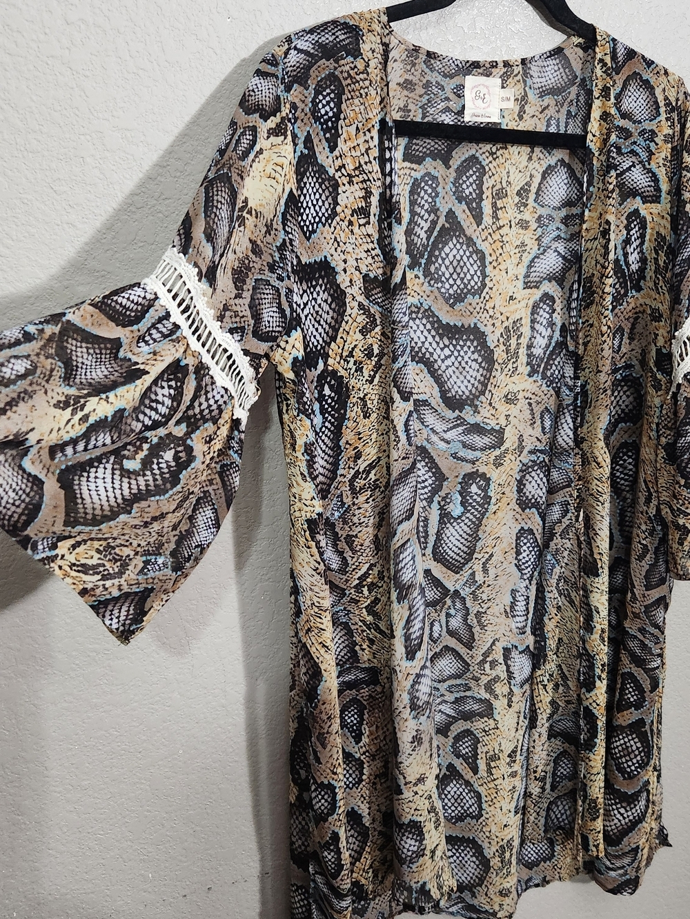 Snake-Print Swim Coverup Kimono in Tan, Black & Cream